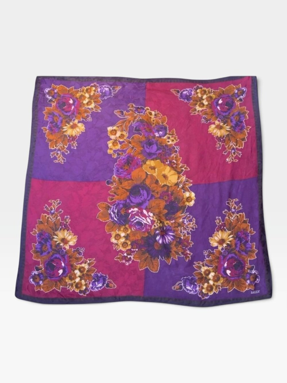 Bally Vintage Silk Floral Square Scarf Purple Magenta 34x34 Designer